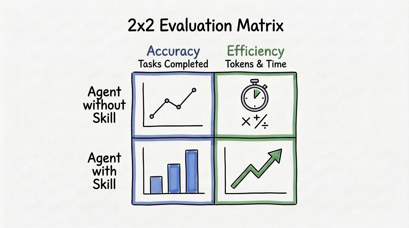 Ma trận đánh giá 2x2 so sánh agent có và không có skill theo accuracy cùng efficiency